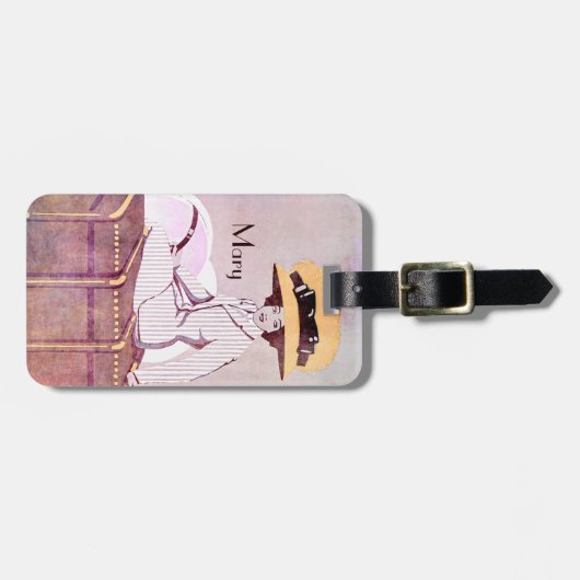 名前のアールヌーボーの女性のヴィンテージ旅行トランク ラゲッジタグ (正面横)