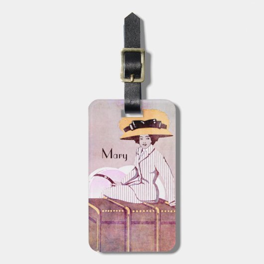 名前のアールヌーボーの女性のヴィンテージ旅行トランク ラゲッジタグ (正面縦)