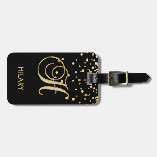名前のエレガントで黒い金ゴールドのモノグラムの手紙「H」 ラゲッジタグ (正面横)