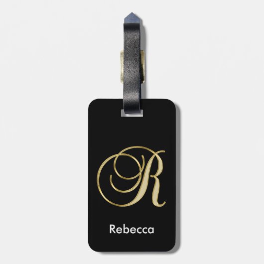 名前のエレガントで黒い金ゴールドのモノグラムの手紙R ラゲッジタグ (裏面縦)
