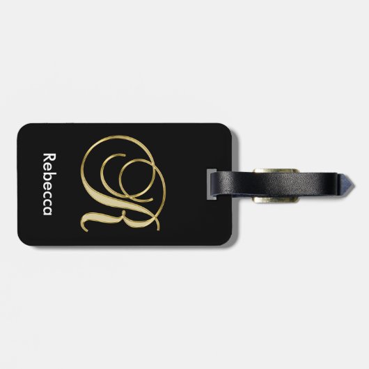名前のエレガントで黒い金ゴールドのモノグラムの手紙R ラゲッジタグ (裏面横)