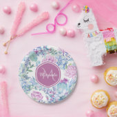 名前のエレガントな紫色および青の水気が多い花柄 ペーパープレート (パーティー)