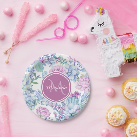 名前のエレガントな紫色および青の水気が多い花柄 ペーパープレート (パーティー)