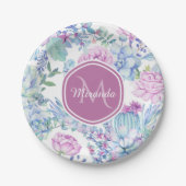 名前のエレガントな紫色および青の水気が多い花柄 ペーパープレート (正面)