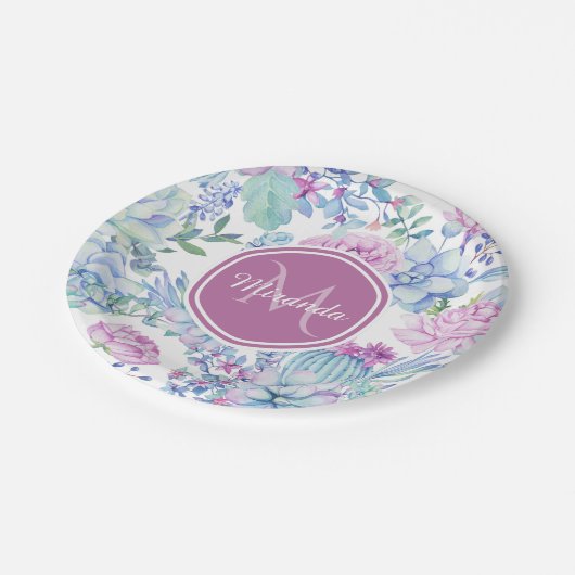 名前のエレガントな紫色および青の水気が多い花柄 ペーパープレート (アングル)
