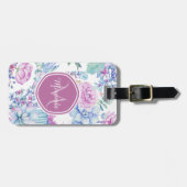 名前のエレガントな紫色および青の水気が多い花柄 ラゲッジタグ (正面横)