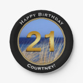 名前のオーシャンビューの幸せな第21誕生日 ペーパープレート (正面)