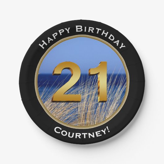 名前のオーシャンビューの幸せな第21誕生日 ペーパープレート (正面)