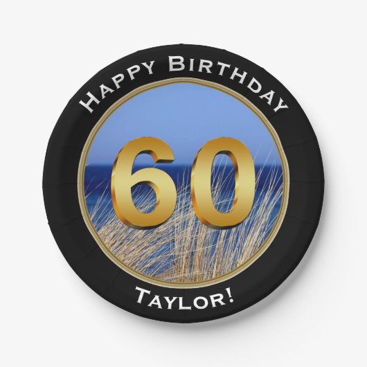 名前のオーシャンビューの幸せな第60誕生日 ペーパープレート (正面)