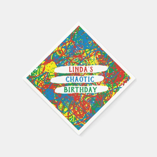 名前のカオティック誕生日レッドブルーグリーンイエローワイルド スタンダードカクテルナプキン (角)