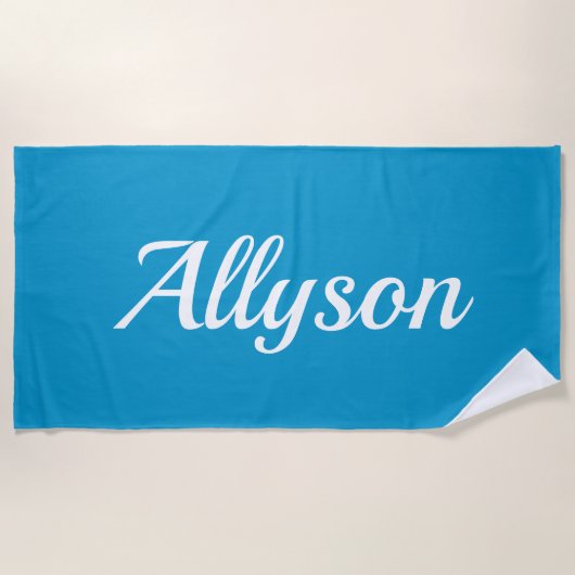 名前のカスタマイズ、白いスクリプト/青 ビーチタオル (正面)