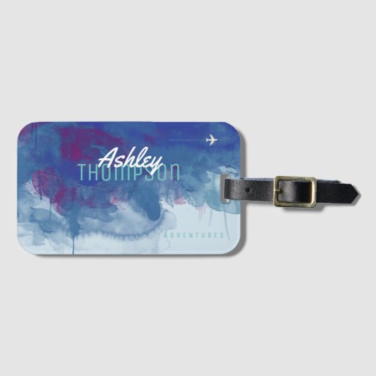 名前のカッコいい及びモダンの薄青い水彩画 ラゲッジタグ (正面横)