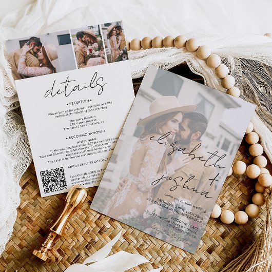 名前のカリグラフィー　白　4枚の写真　オールインワンの結婚式 招待状