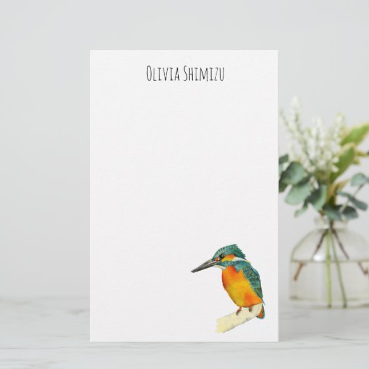 名前のカワセミの鳥の水彩画の絵画 便箋 (スタンド正面)
