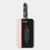 名前のガーリーで赤くおよび黒い水玉模様のハートの弓 ラゲッジタグ (裏面縦)
