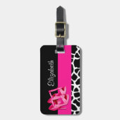 名前のガーリーなキリンのプリントのかわいいピンクの靴 ラゲッジタグ (正面縦)