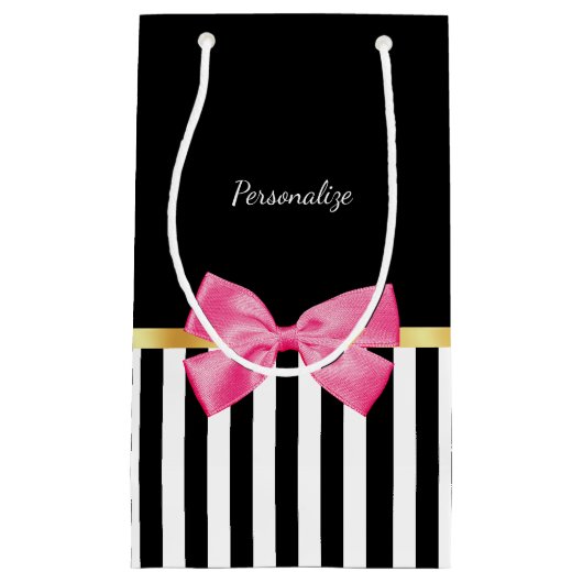 名前のガーリーなショッキングピンクの弓白黒のストライプ スモールペーパーバッグ (正面)
