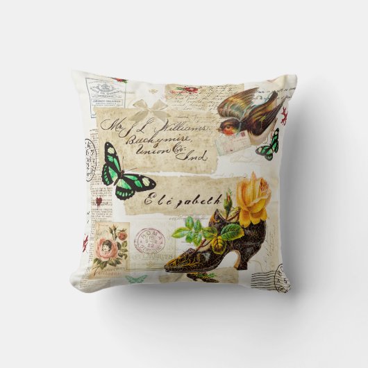 名前のガーリーなヴィンテージの短命なもののファッションのコラージュ クッション (正面)