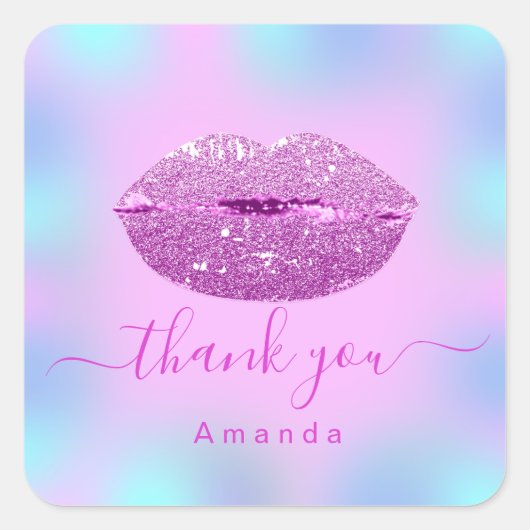 名前のサンクス スイート16 ウェディング ホログラム ピンク キス スクエアシール (正面)