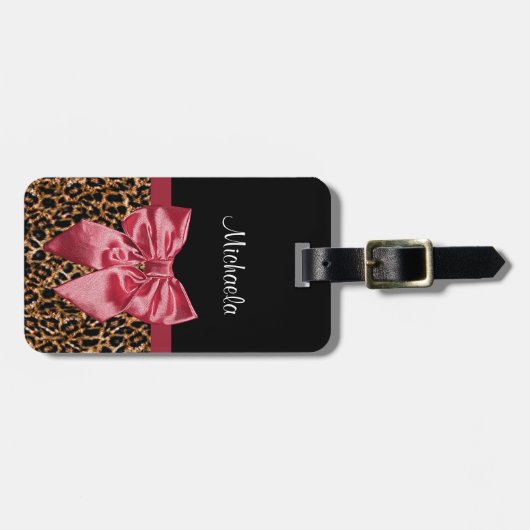 名前のシックなヒョウのプリントのエレガントで赤い弓 ラゲッジタグ (正面横)