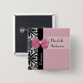 名前のパリのプリンセスのピンクのリボンの弓 缶バッジ (正面&裏面)