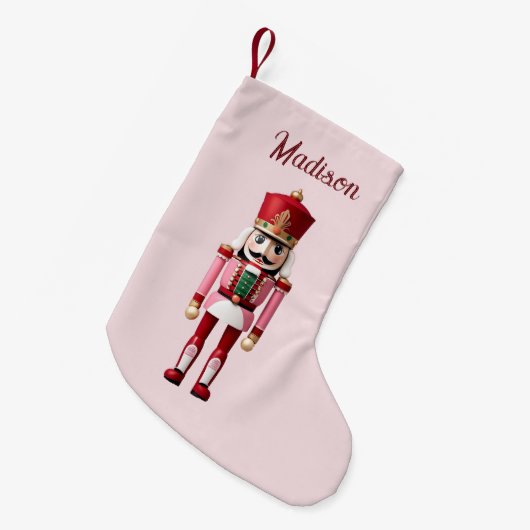 名前のパーソナライズされたくるみ割りカーピンク赤クリスマス スモールクリスマスストッキング (正面 (吊り時))