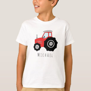 名前のパーソナライズな男の子の赤い農家のトラクター Tシャツ