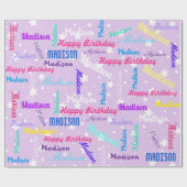 名前のパーソナライズカラフル誕生日パーティー紫 ラッピングペーパー (フラット)