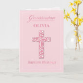 名前のパーソナライズ孫娘バプテスマ·ピンク·ガール  カード (黄色い花)