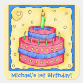 名前のパーソナライズ男の子最初の誕生日パーティーケーキアート スクエアシール (正面)