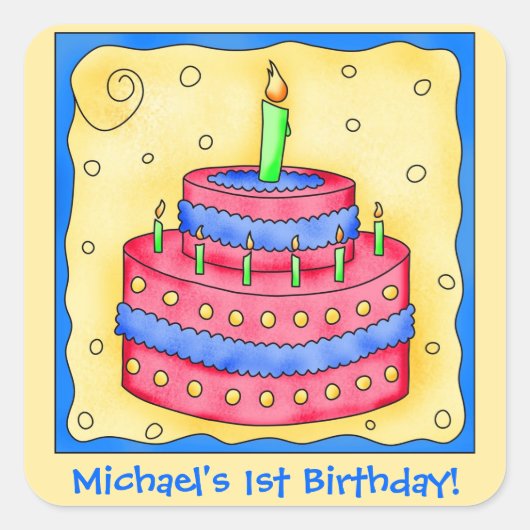 名前のパーソナライズ男の子最初の誕生日パーティーケーキアート スクエアシール (正面)