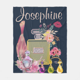 名前のパーソナライズ香水ボトルピンクフローラ フリースブランケット