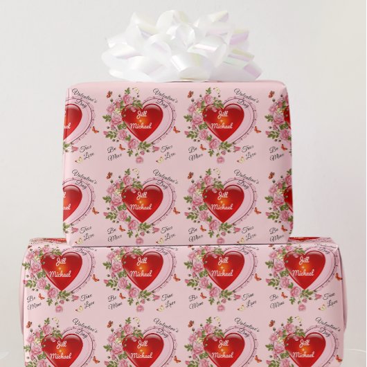 名前のパーソナライズValentine's Dayハートバラ ラッピングペーパー