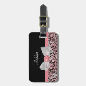 名前のピンクおよび黒いチータのプリントのかわいい弓 ラゲッジタグ (正面縦)