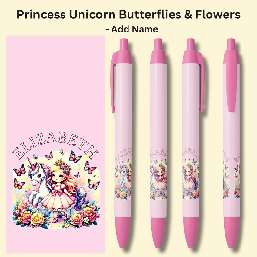 名前のプリンセスを追加Unicorn Chours Flowers 黒ボールペン