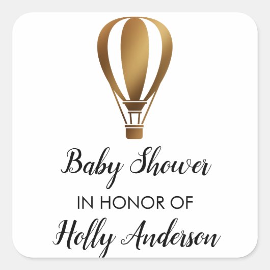 名前のベビーシャワーの金ゴールドのグリッターの熱気の気球 スクエアシール (正面)