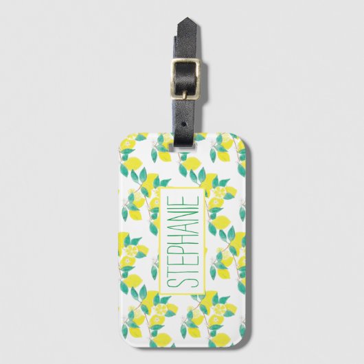 名前のホワイトラゲージタグ付きレモンパターン ラゲッジタグ (正面縦)