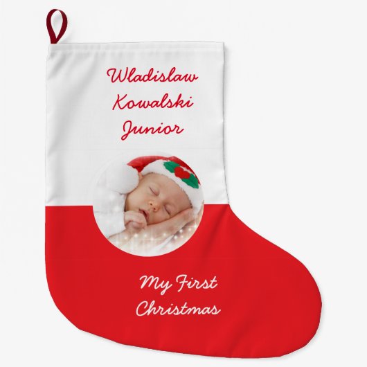 名前のポーランドの写真のポーランドの伝統の旗 ラージクリスマスストッキング (正面)