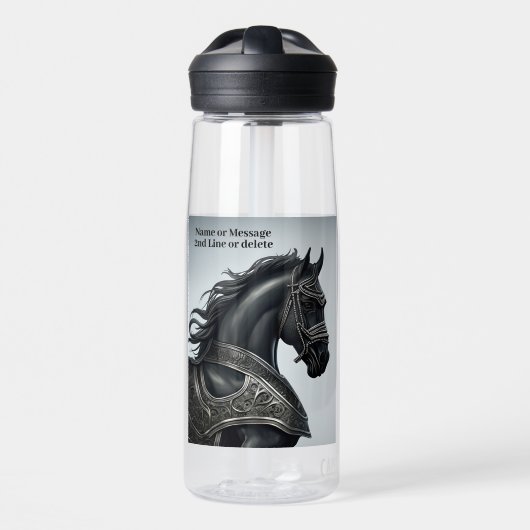 名前のメッセージを追加し、鎧を持つ強い黒馬 ウォーターボトル (正面)
