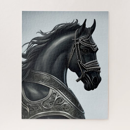 名前のメッセージを追加し、鎧を持つ強い黒馬 ジグソーパズル (縦)