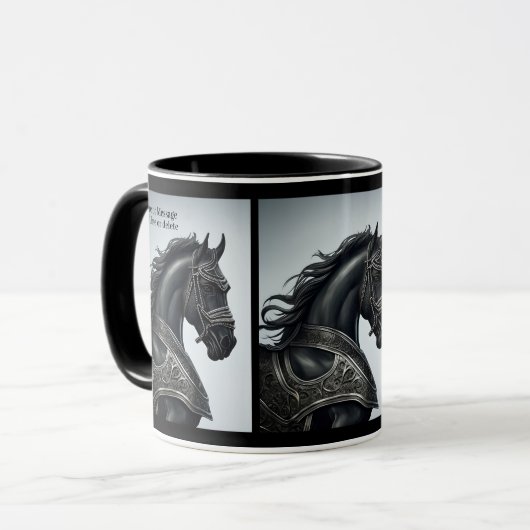 名前のメッセージを追加し、鎧を持つ強い黒馬 マグカップ (正面左)
