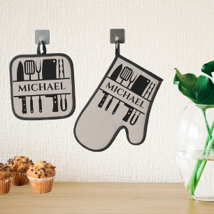 名前のモノグラム BBQ 調理師 キッチン グリル 鍋つかみ&鍋敷きセット