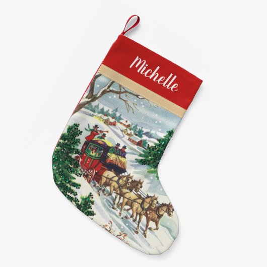 名前のヴィンテージの冬の馬が引くキャリッジ スモールクリスマスストッキング (正面 (吊り時))