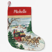 名前のヴィンテージの冬の馬が引くキャリッジ スモールクリスマスストッキング (正面)