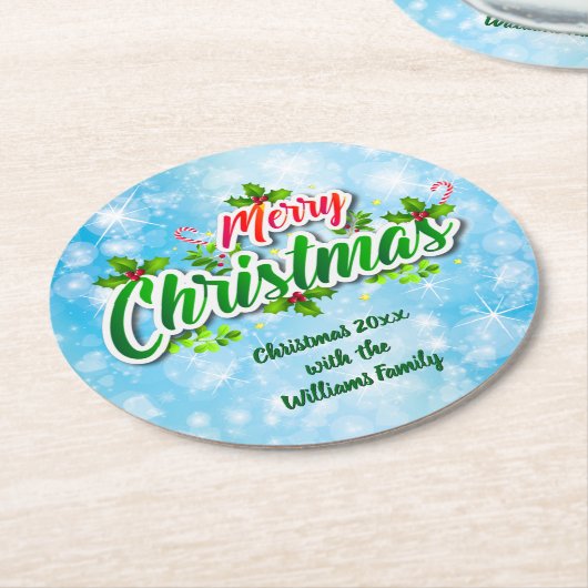 名前の一致するメリークリスマスブルーラウンド紙 ラウンドペーパーコースター (アングル)