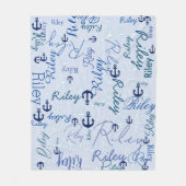 名前の乗算イニシャルネイビーいかりライトブルー フリースブランケット (正面)