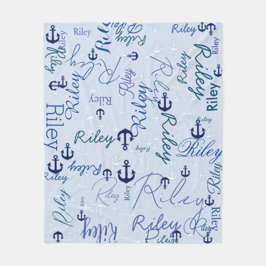 名前の乗算イニシャルネイビーいかりライトブルー フリースブランケット (正面)