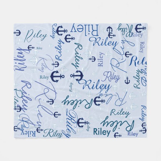名前の乗算イニシャルネイビーいかりライトブルー フリースブランケット (正面(横))