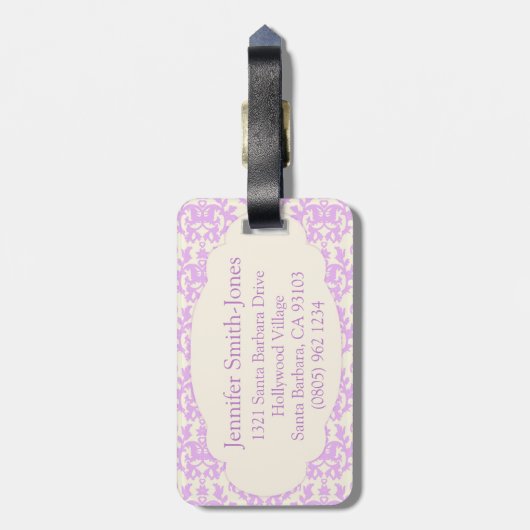 名前の付いたダマスク薄紫&クリームの荷物タグ ラゲッジタグ (裏面縦)