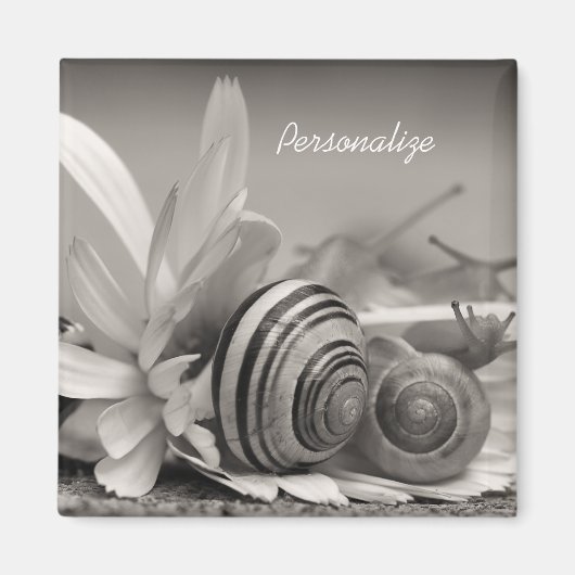 名前の付いたデイジーの花の上の庭のカタツムリ マグネット (正面)